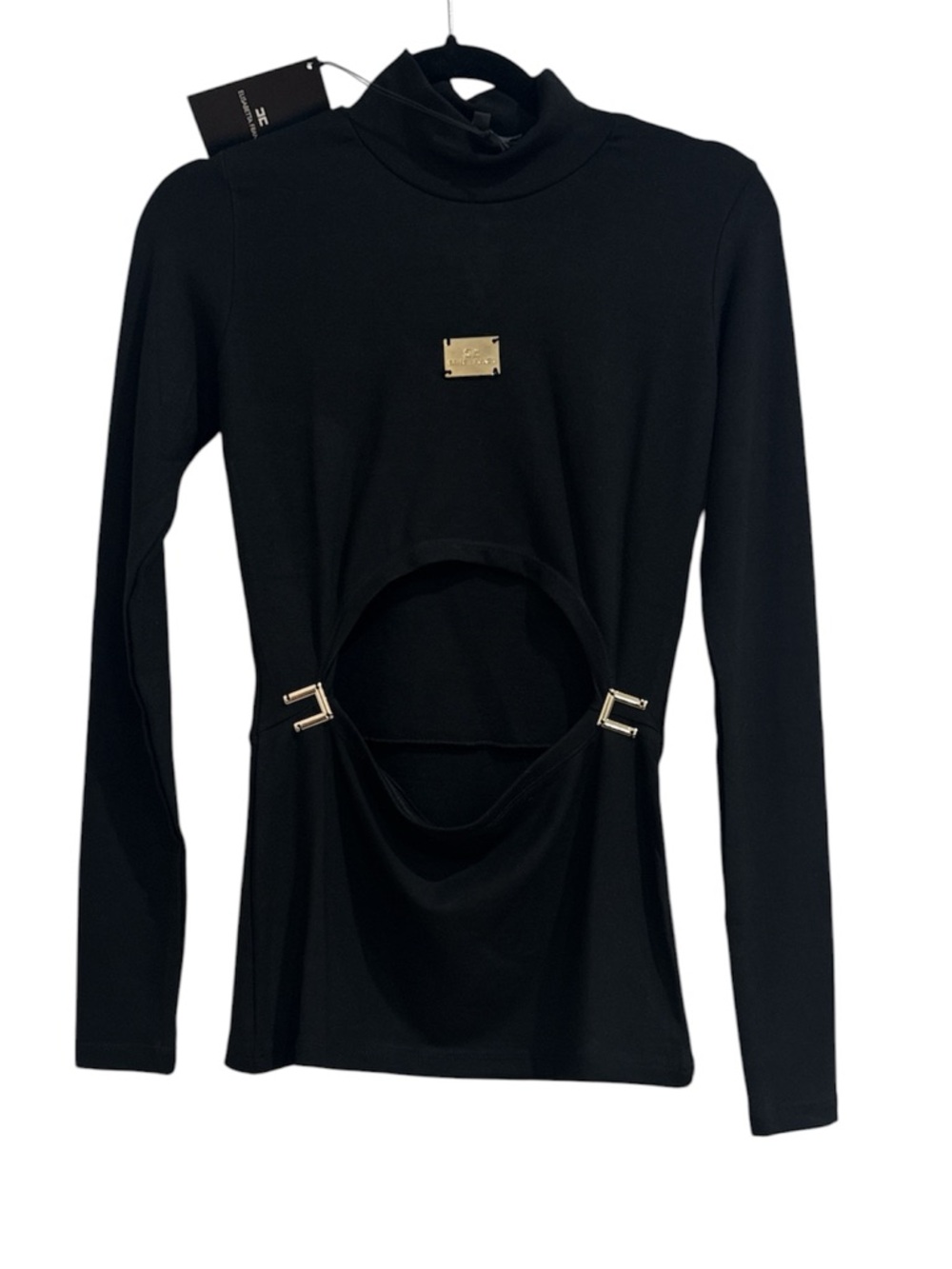 Black Long-Sleeve Cutout Mock Neck Top with Gold Hardware - Picture 2 of 9